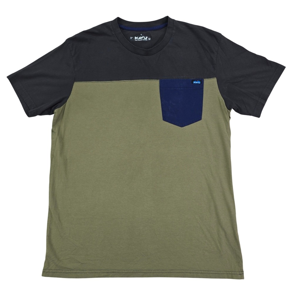 KAVU Colorblock Pocket T-Shirt Mens Medium Green Grey Organic Cotton Outdoor Tee